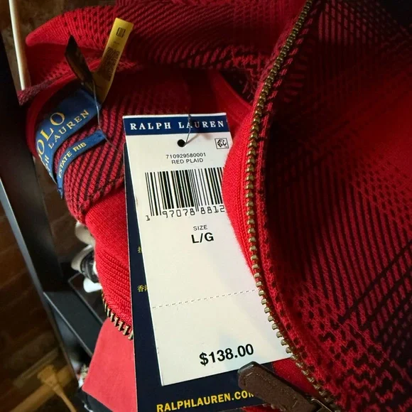 *** RL Quarter Zip - (L) NWT - Ralph Lauren Red and Black Plaid Men's Sweatshirt